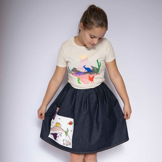 Blue Denim Skirt with Appliqué